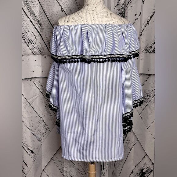 Forever 21 Off The Shoulder Striped Pom Pom Mini Dress/Tunic M - Picture 5 of 7